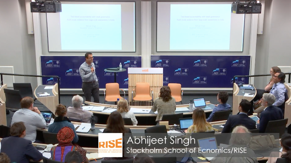 Abhijeet Singh spoke to the audience about an audit of 500 schools in India and the officially-reported levels of student achievement.