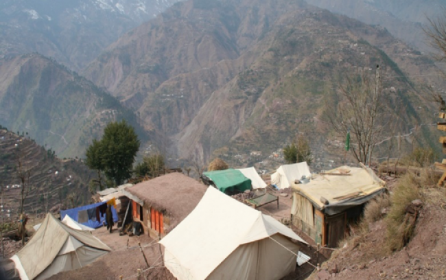Tents on the hillside after the 2005 earthquake